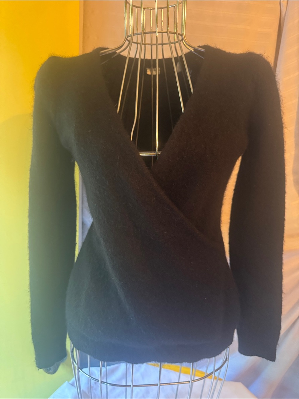 Moda International Structured Black Angora V-Neck Cardigan w Puff Shoulders